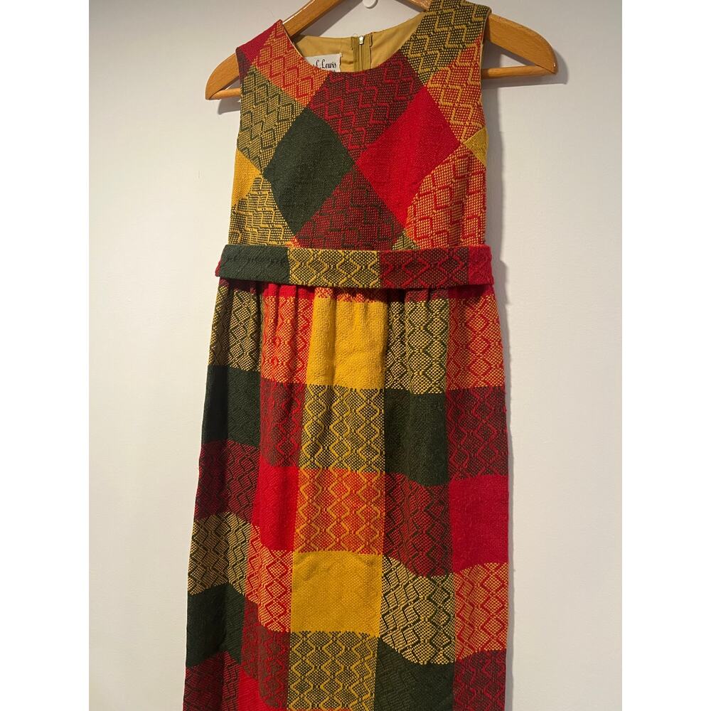 Vintage 1960s-70s Patchwork Plaid Sleeveless Maxi Dress w Belt Red Yellow Sm JL - Picture 5 of 11